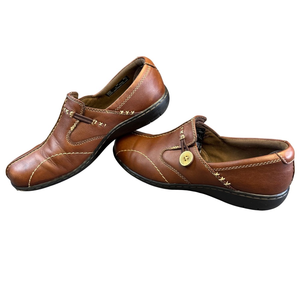 Clarks Brown Leather Slip On Loafers Button Detail Contrast Stitch 35063 Mens 8M